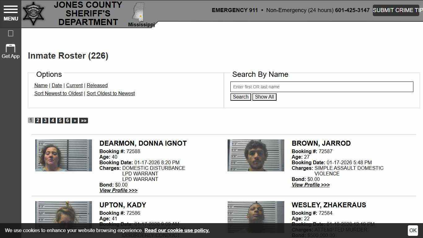 Inmate Roster | Jones County Sheriff MS | Sort Booking Time - Descending | Page 1